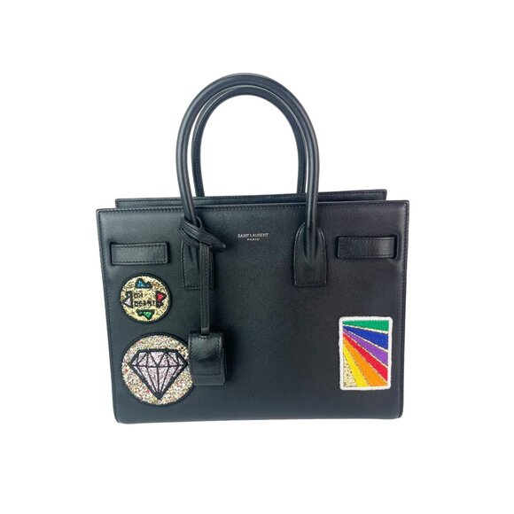 Saint Laurent Sac De Jour Embellished Patches Baby Black Leather Shoulder Bag - Picture 1 of 12